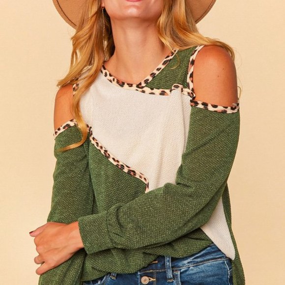Green and Cream Cold Shoulder Sweater - Picture 2 of 4